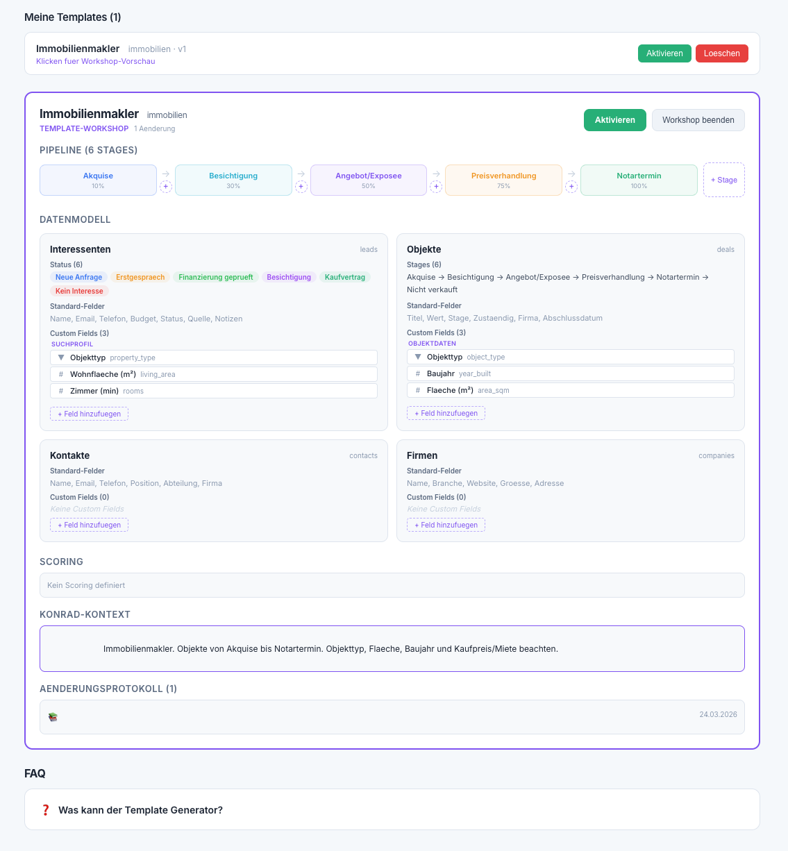 Branchen-Template Beispiel: Immobilienmakler — Pipeline, Felder, Scoring