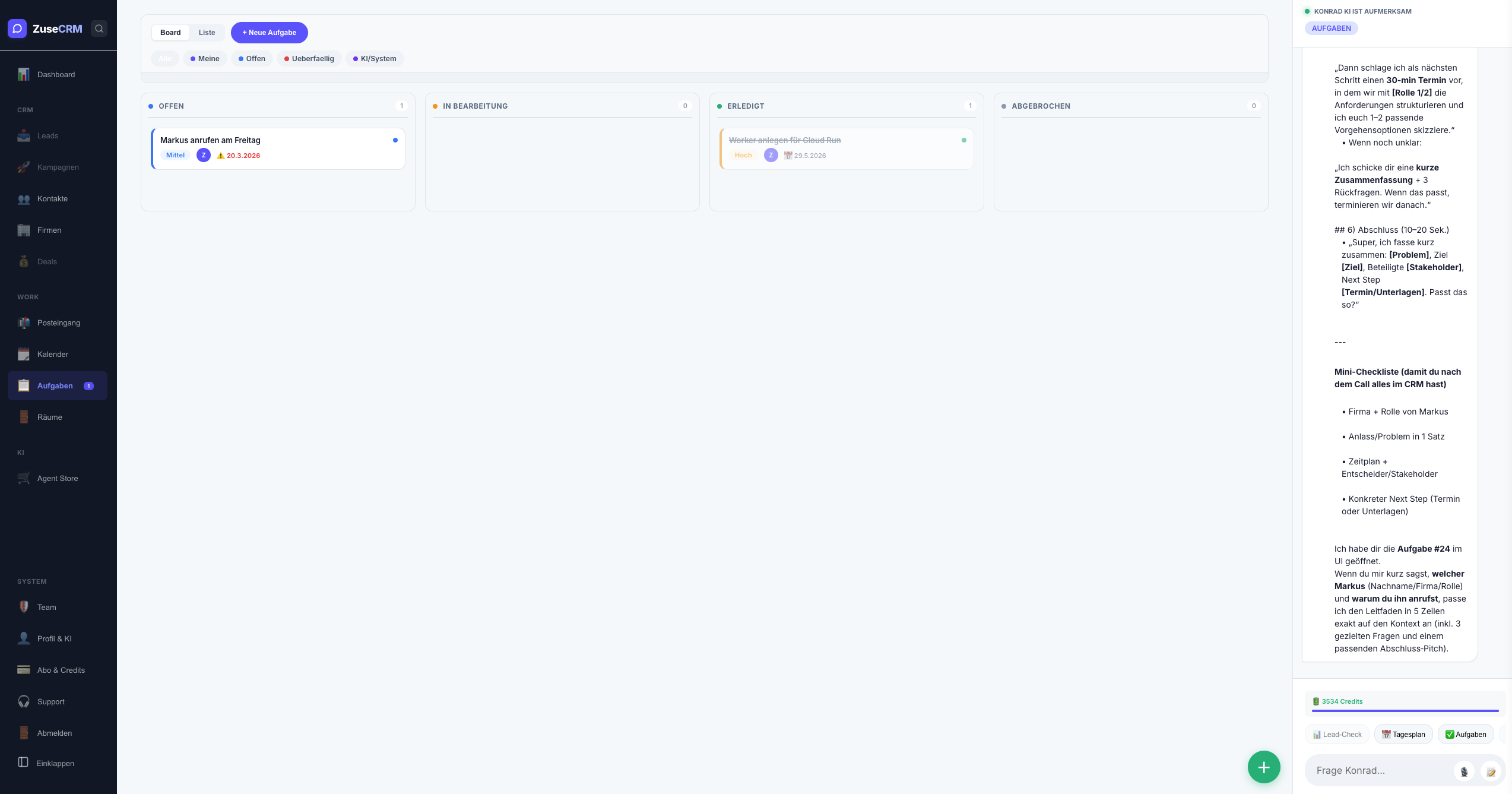 ZuseCRM Aufgabenmanagement — Kanban-Board mit Prioritäten und Entity-Verknüpfung